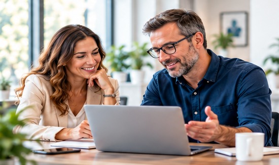 Two business colleagues reviewing customer information on a laptop